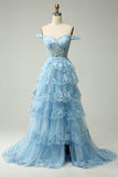 Princess A Line Off the Shoulder Pink Long Prom kjole med Appliques